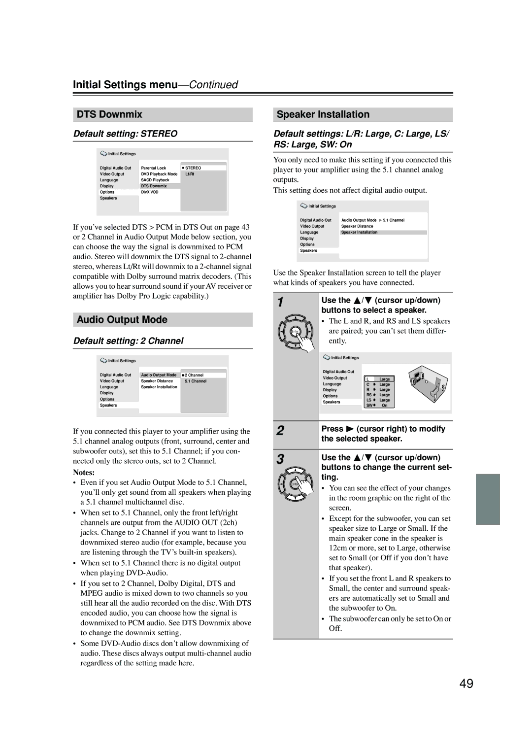 Integra DPS-6.5 instruction manual DTS Downmix, Audio Output Mode, Speaker Installation 