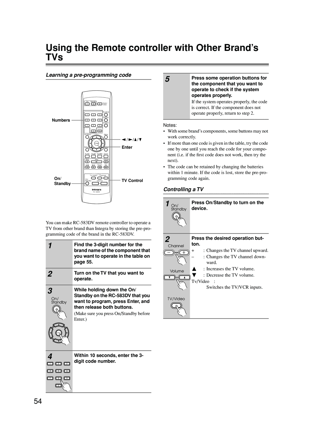 Integra DPS-6.5 Using the Remote controller with Other Brand’s TVs, Learning a pre-programming code, Controlling a TV 