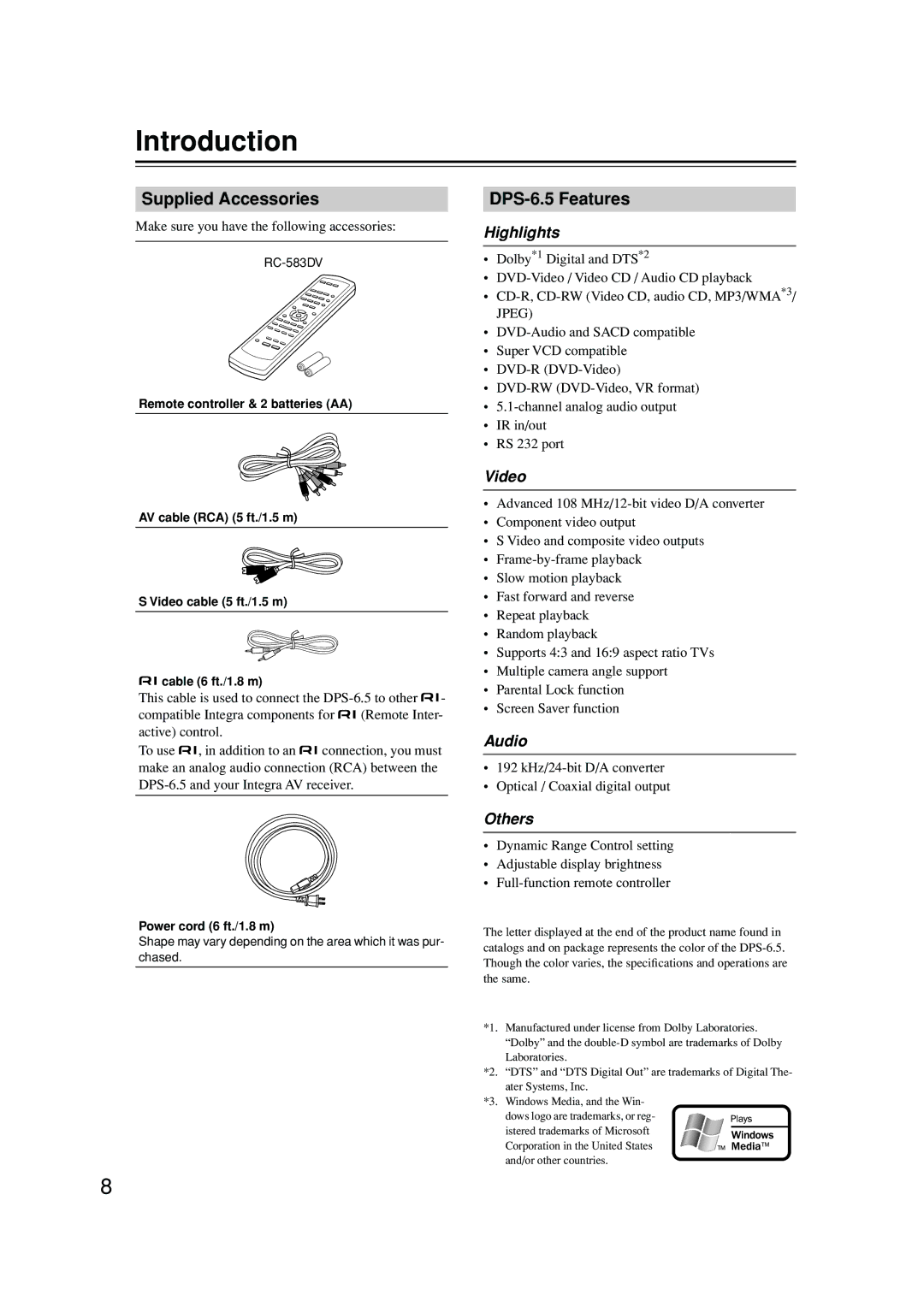 Integra instruction manual Introduction, Supplied Accessories, DPS-6.5 Features 