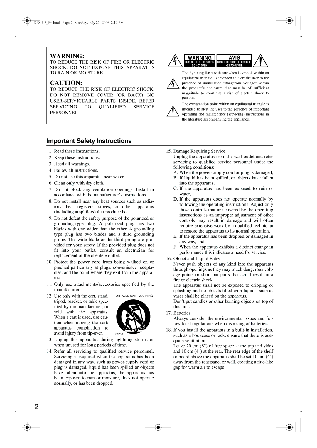 Integra DPS-6.7 instruction manual Important Safety Instructions, Avis 