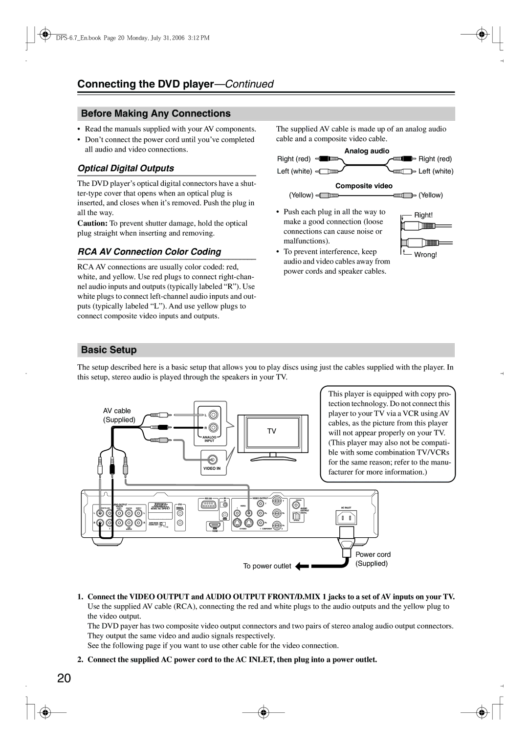 Integra DPS-6.7 Before Making Any Connections, Basic Setup, Optical Digital Outputs, RCA AV Connection Color Coding 