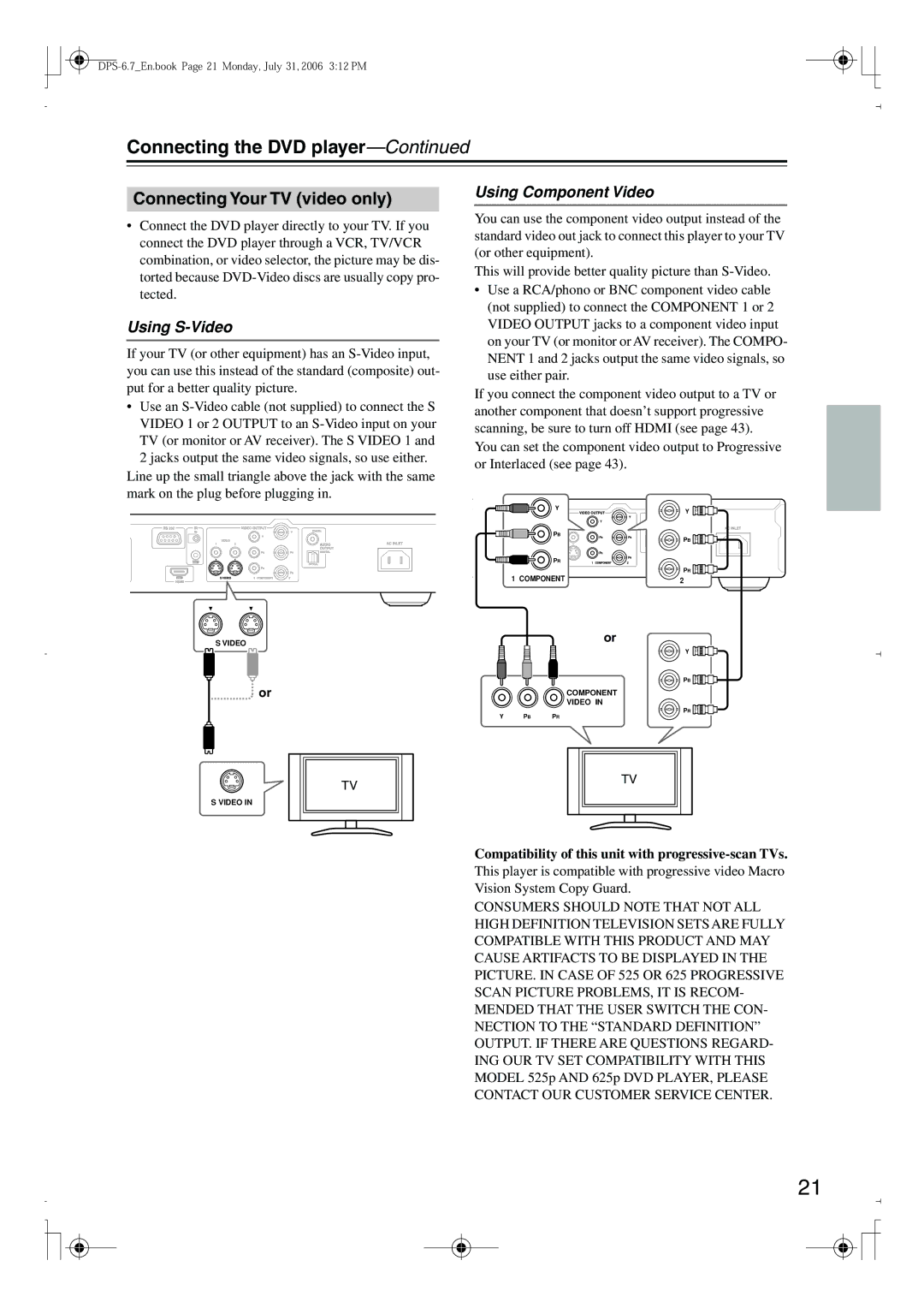 Integra DPS-6.7 Using Component Video, Using S-Video, Compatibility of this unit with progressive-scan TVs 