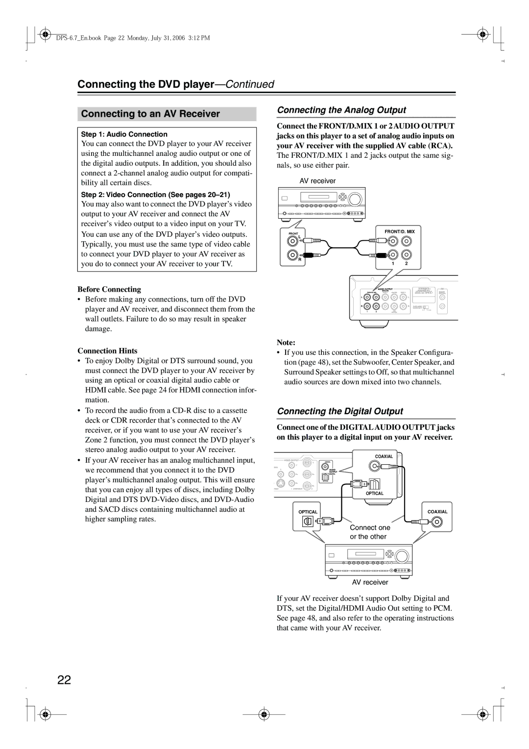 Integra DPS-6.7 Connecting to an AV Receiver, Connecting the Analog Output, Connecting the Digital Output 