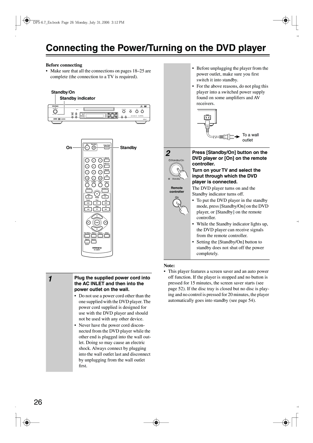 Integra DPS-6.7 Connecting the Power/Turning on the DVD player, Plug the supplied power cord into, AC Inlet and then into 