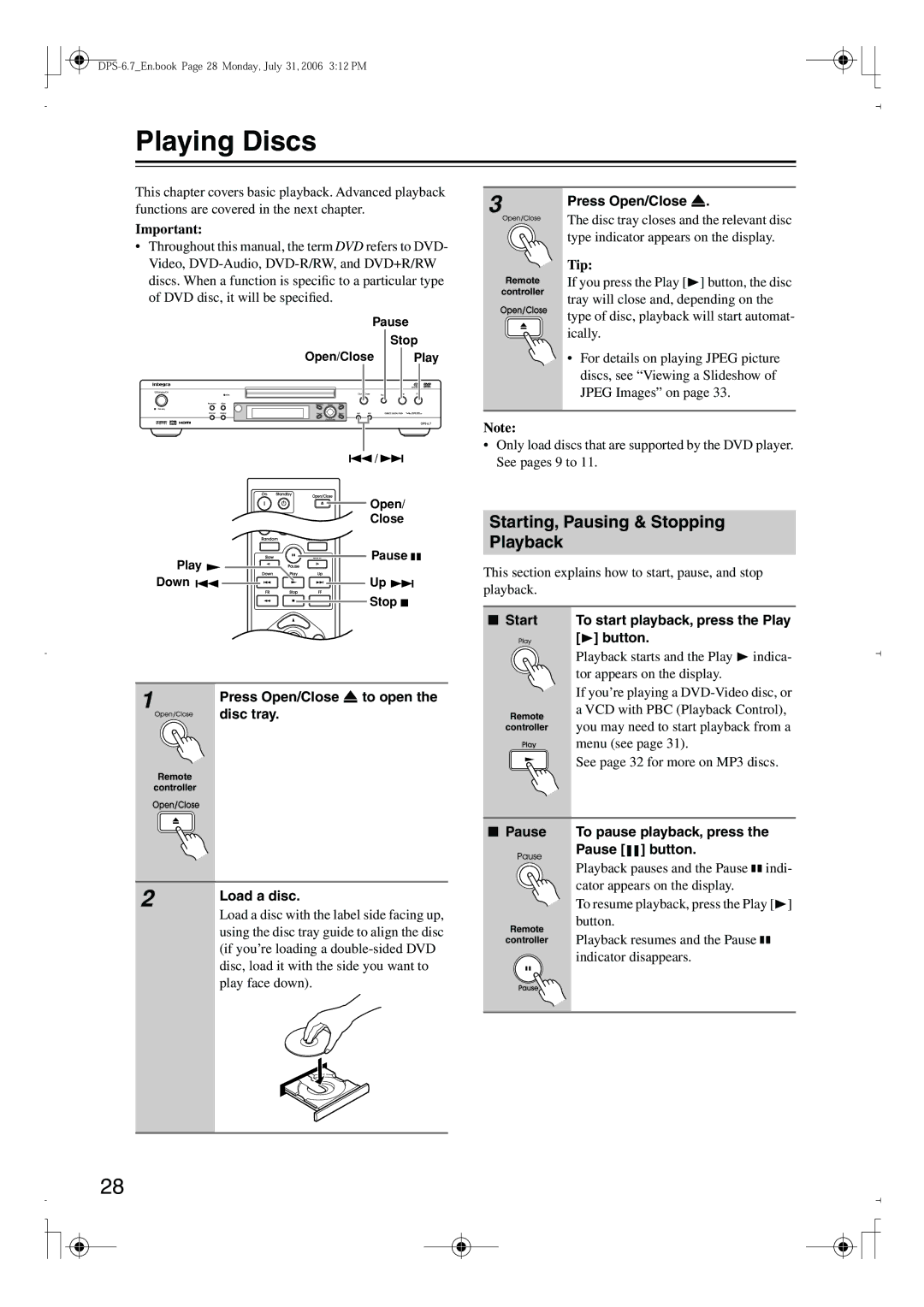 Integra DPS-6.7 instruction manual Playing Discs, Starting, Pausing & Stopping Playback 