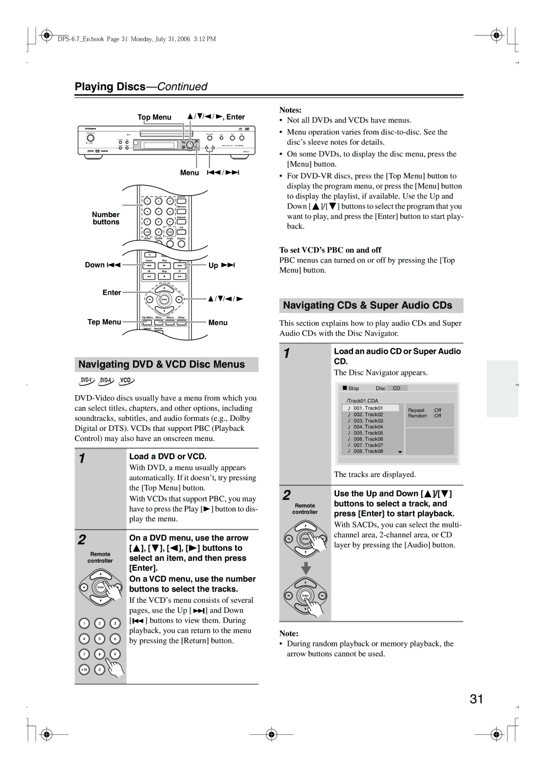 Integra DPS-6.7 instruction manual Navigating DVD & VCD Disc Menus, Navigating CDs & Super Audio CDs 