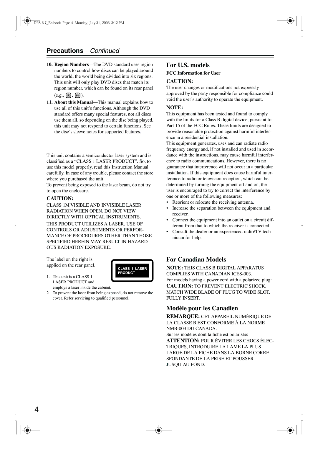 Integra DPS-6.7 instruction manual Precautions, FCC Information for User 