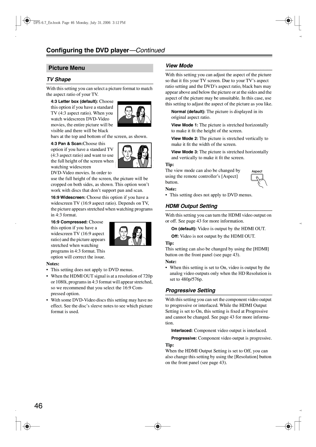 Integra DPS-6.7 instruction manual Picture Menu, TV Shape, View Mode, Hdmi Output Setting, Progressive Setting 