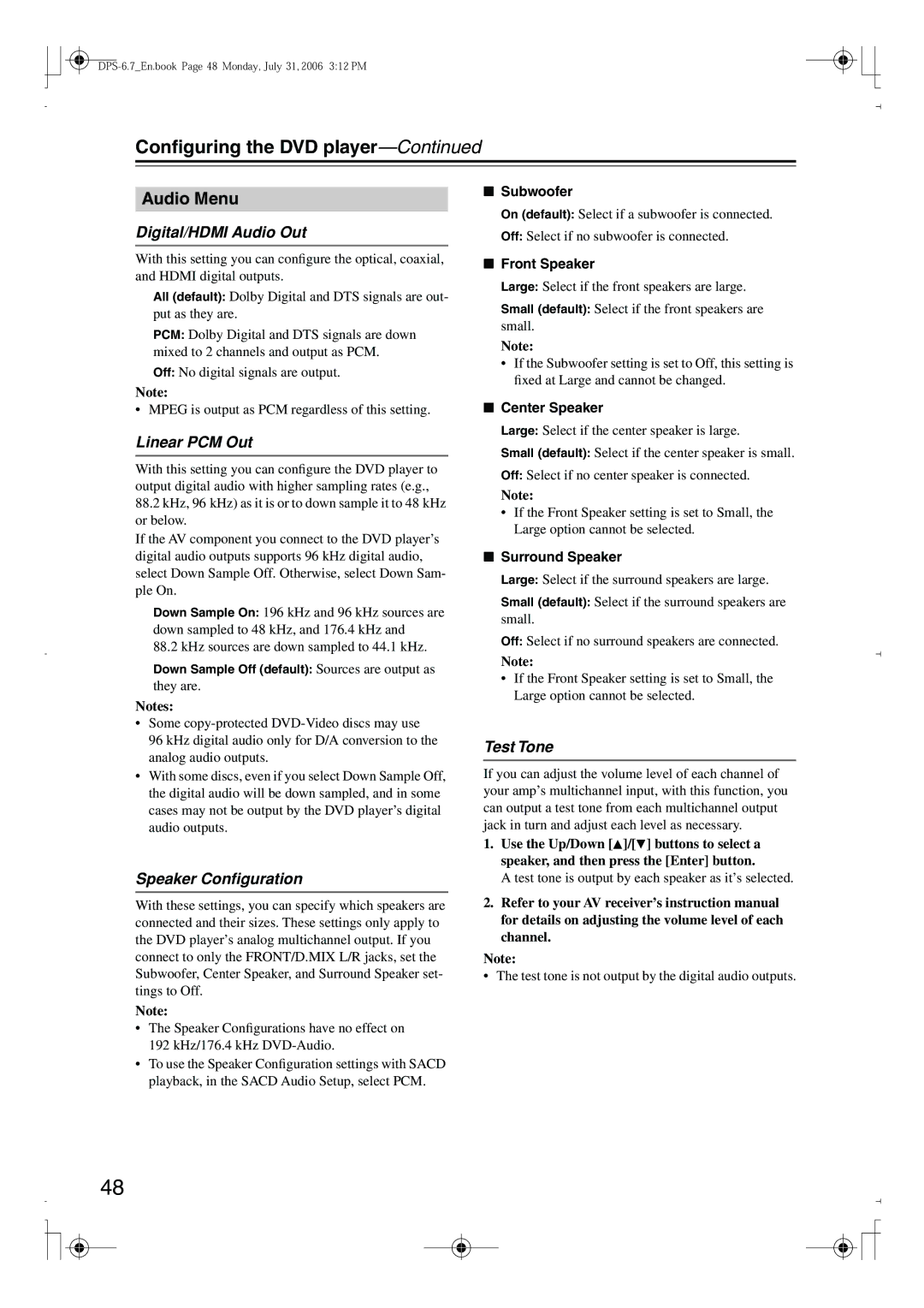 Integra DPS-6.7 instruction manual Audio Menu, Digital/HDMI Audio Out, Linear PCM Out, Test Tone, Speaker Conﬁguration 