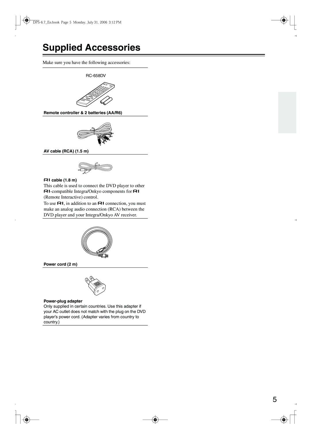 Integra DPS-6.7 instruction manual Supplied Accessories, Power cord 2 m Power-plug adapter 