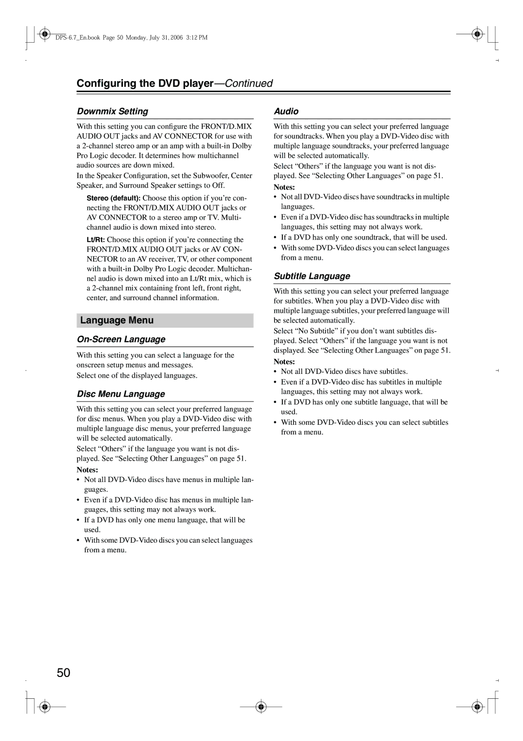 Integra DPS-6.7 Language Menu, Downmix Setting, On-Screen Language, Disc Menu Language, Subtitle Language 