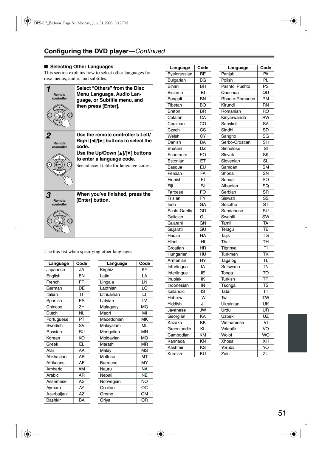 Integra DPS-6.7 Selecting Other Languages, Menu Language, Audio Lan, Guage, or Subtitle menu, Then press Enter, Code 