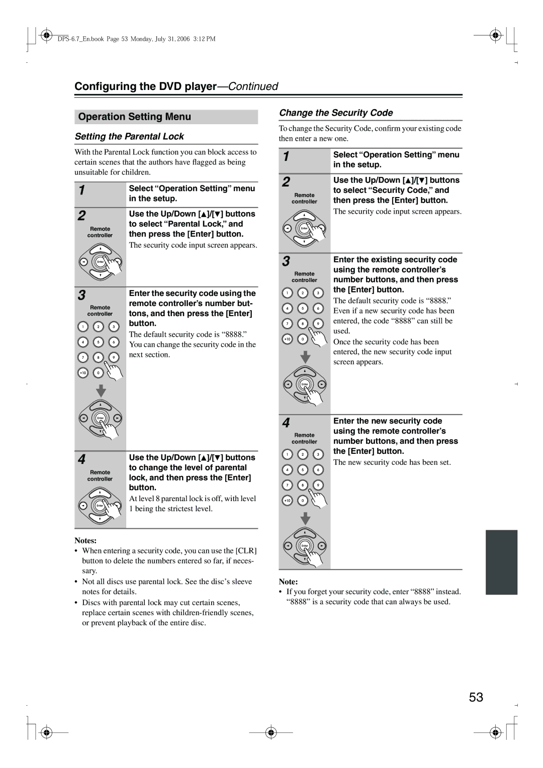 Integra DPS-6.7 instruction manual Operation Setting Menu, Setting the Parental Lock, Change the Security Code 