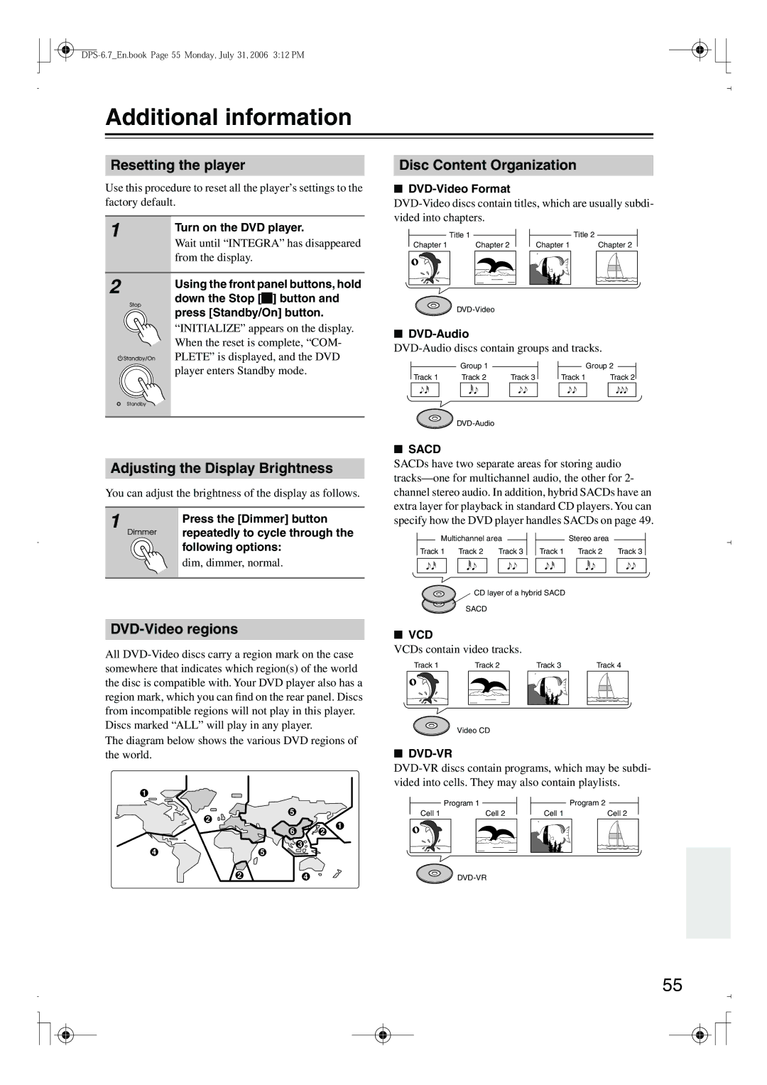 Integra DPS-6.7 Additional information, Resetting the player, Disc Content Organization, Adjusting the Display Brightness 