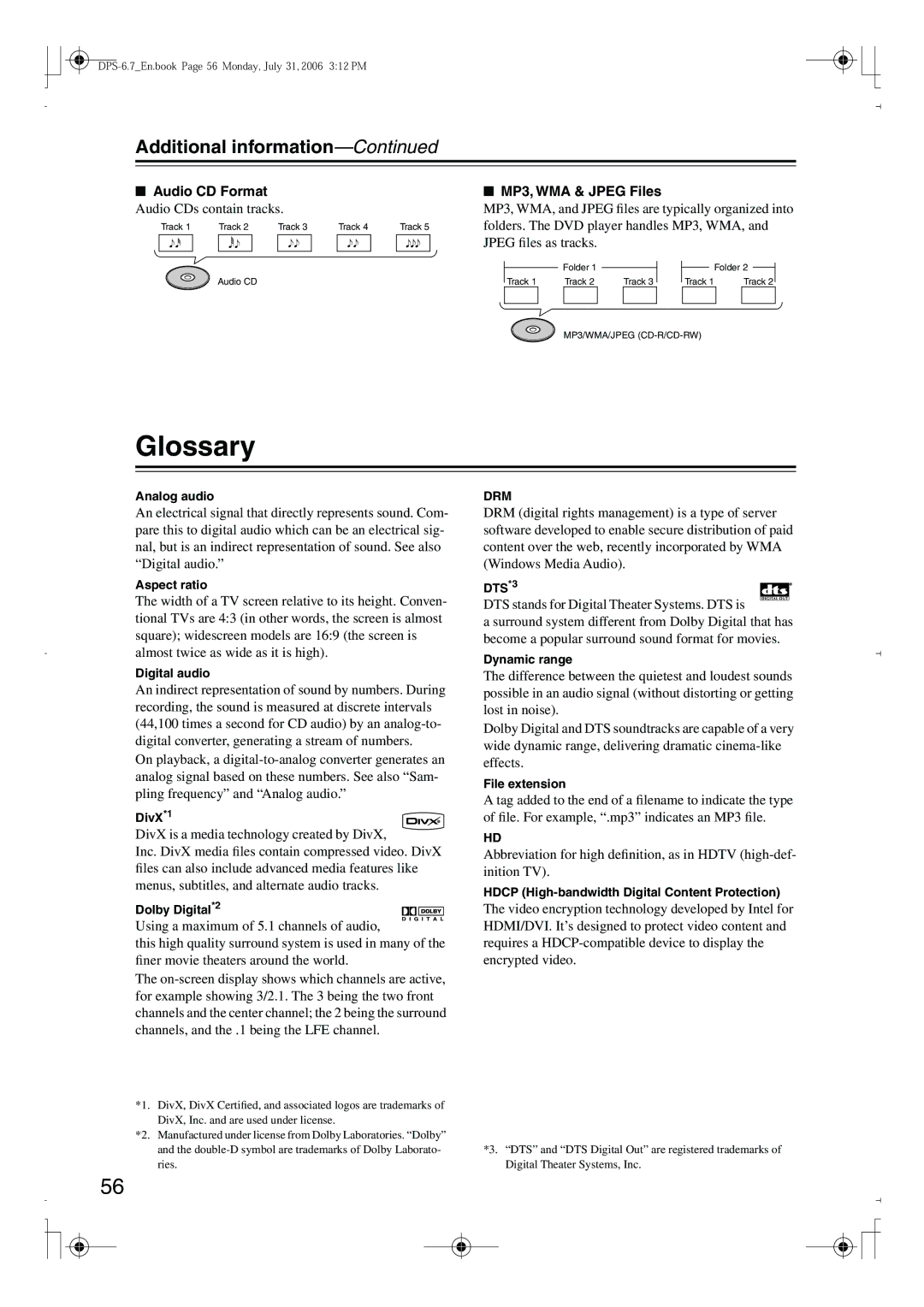 Integra DPS-6.7 instruction manual Glossary, Additional information, Audio CD Format, MP3, WMA & Jpeg Files 