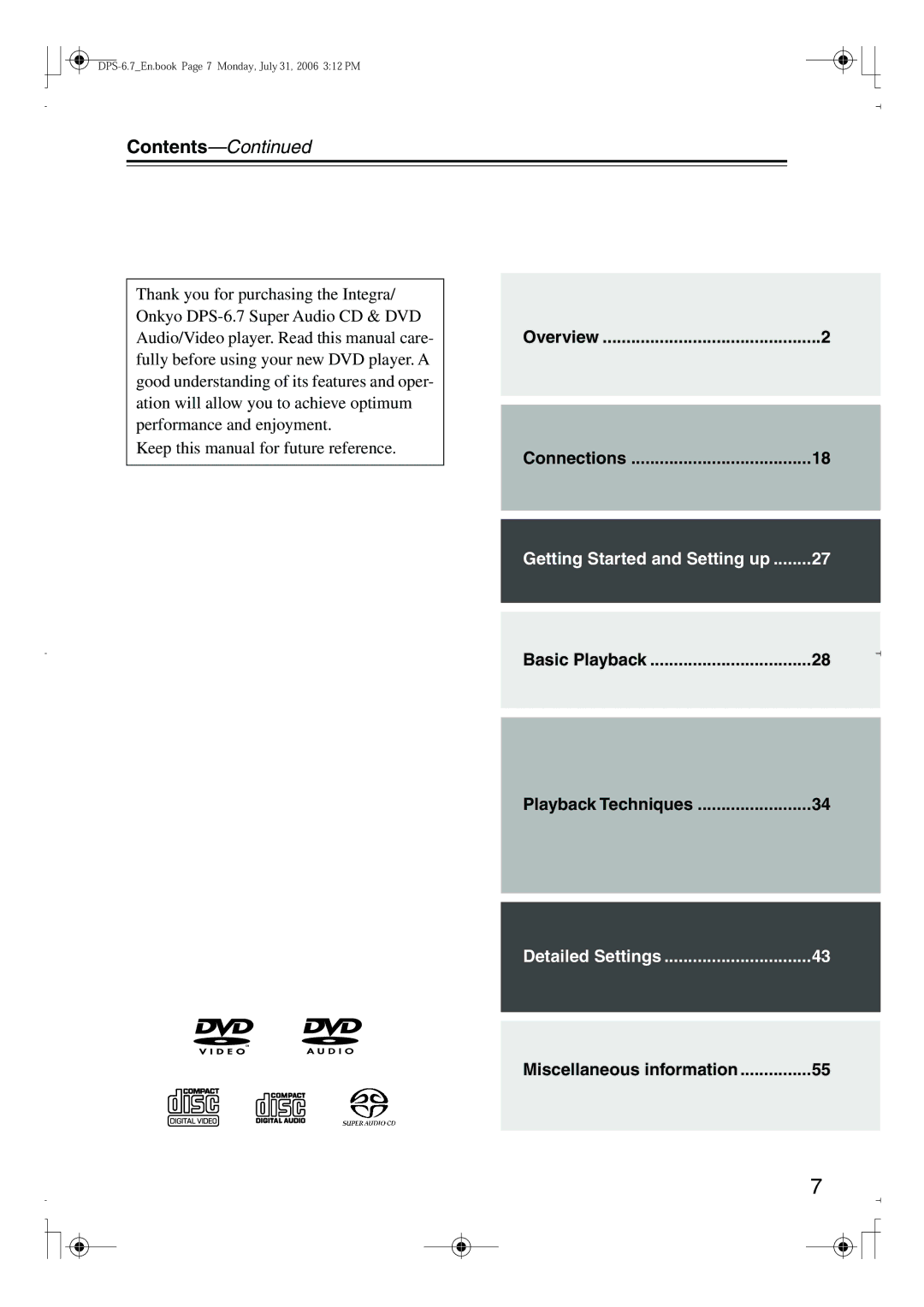 Integra DPS-6.7 instruction manual Contents 