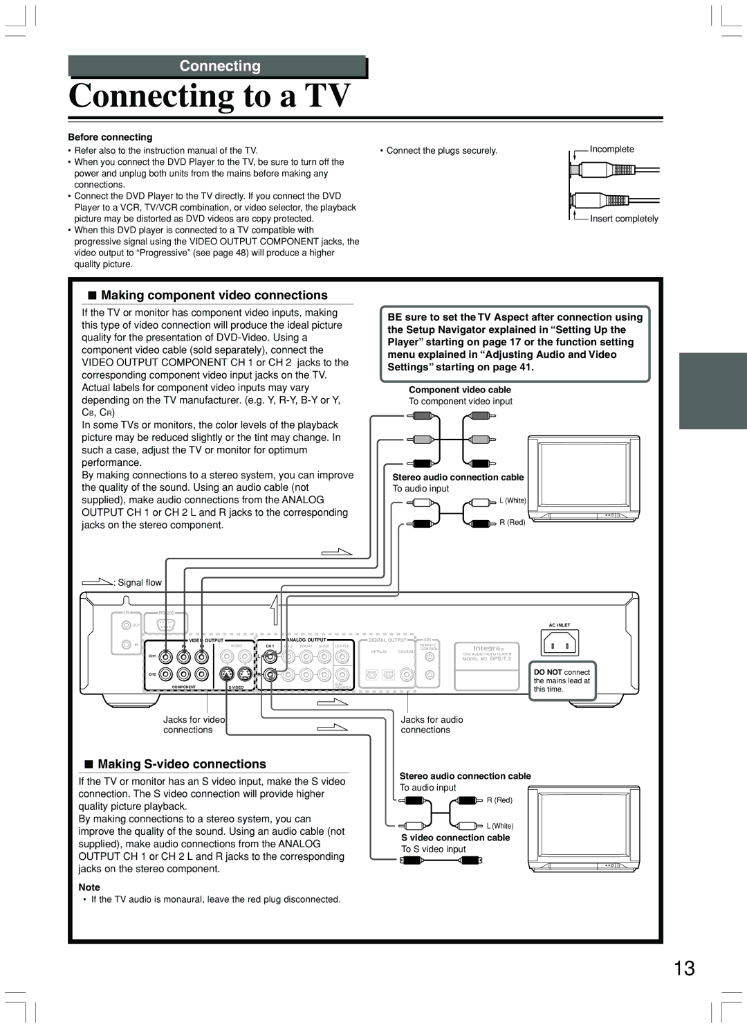 Integra DPS-7.3 instruction manual Connecting to a TV, Making component video connections, Making S-video connections 