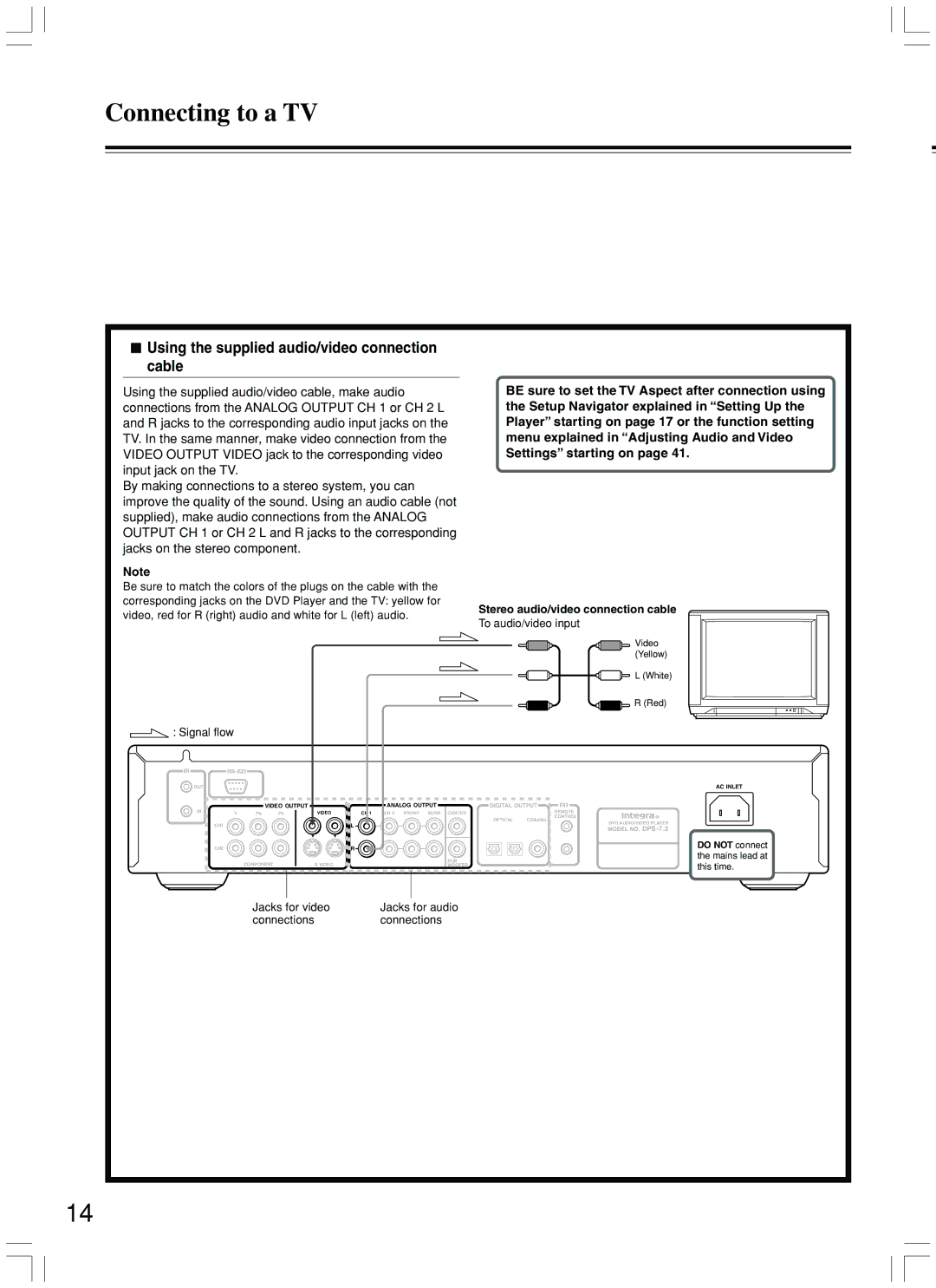 Integra DPS-7.3 instruction manual Using the supplied audio/video connection cable, Stereo audio/video connection cable 