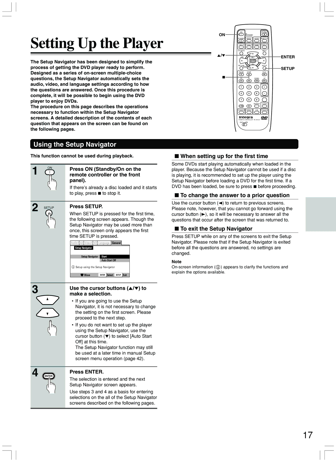 Integra DPS-7.3 instruction manual Setting Up the Player, Using the Setup Navigator, When setting up for the first time 