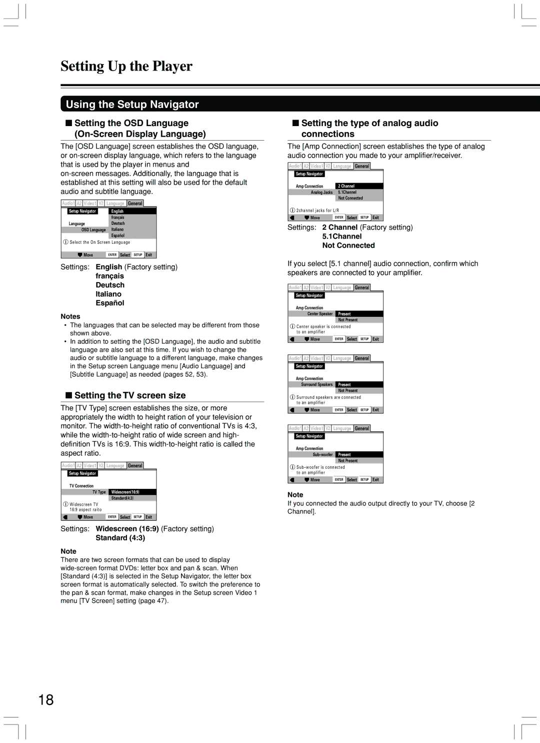 Integra DPS-7.3 instruction manual Setting the OSD Language On-Screen Display Language, Setting the TV screen size 