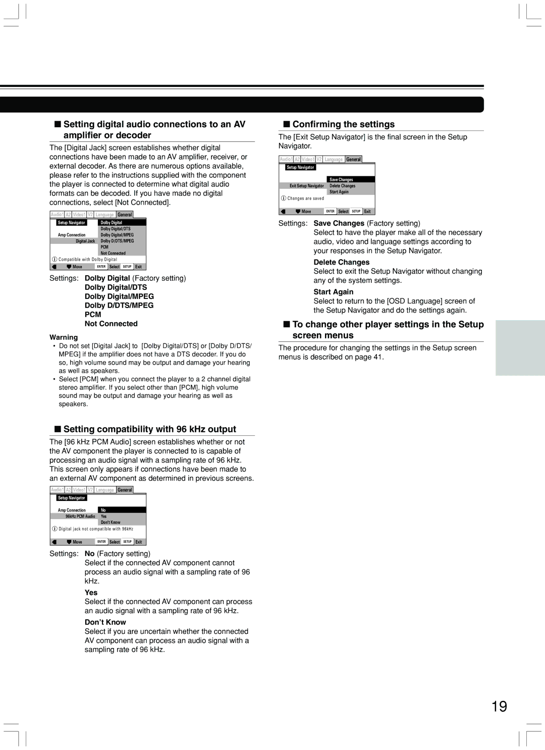 Integra DPS-7.3 instruction manual Setting compatibility with 96 kHz output, Confirming the settings 