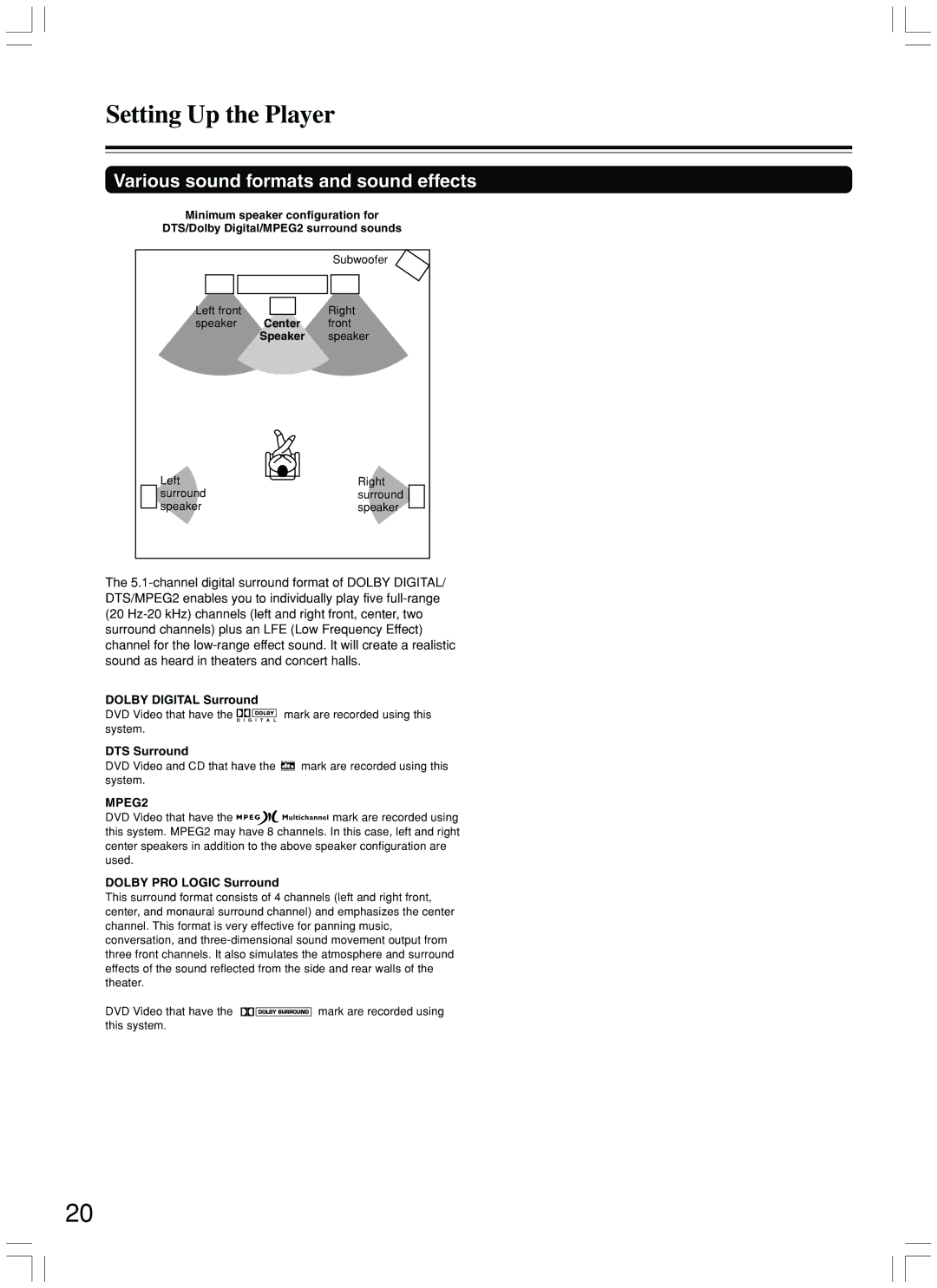 Integra DPS-7.3 instruction manual Various sound formats and sound effects, Dolby Digital Surround, DTS Surround, MPEG2 