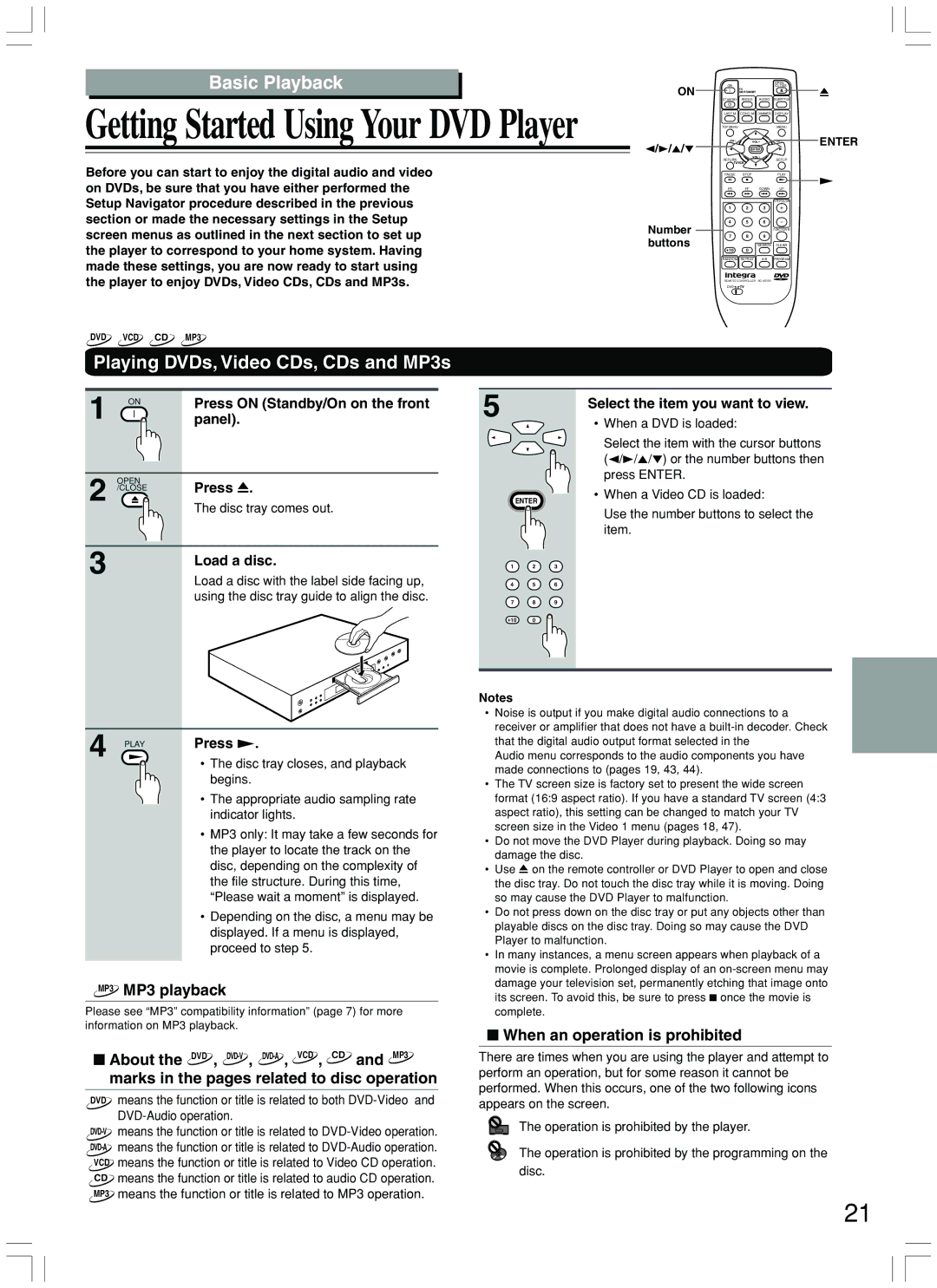 Integra DPS-7.3 Basic Playback, Playing DVDs, Video CDs, CDs and MP3s, MP3 MP3 playback, When an operation is prohibited 