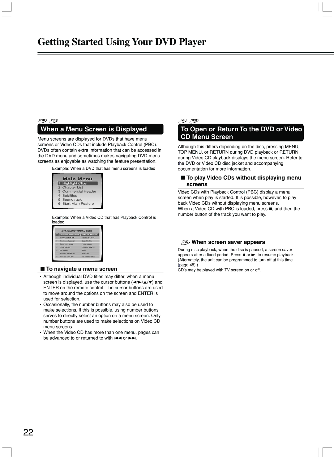 Integra DPS-7.3 instruction manual When a Menu Screen is Displayed, To Open or Return To the DVD or Video CD Menu Screen 