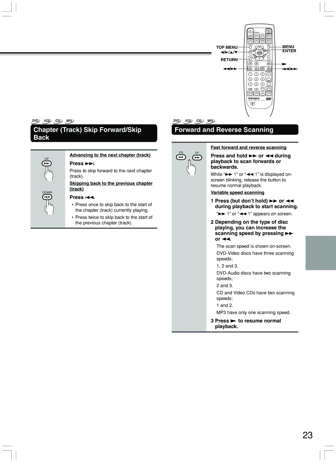 Integra DPS-7.3 instruction manual Chapter Track Skip Forward/Skip Back, Forward and Reverse Scanning, Press ¢ 