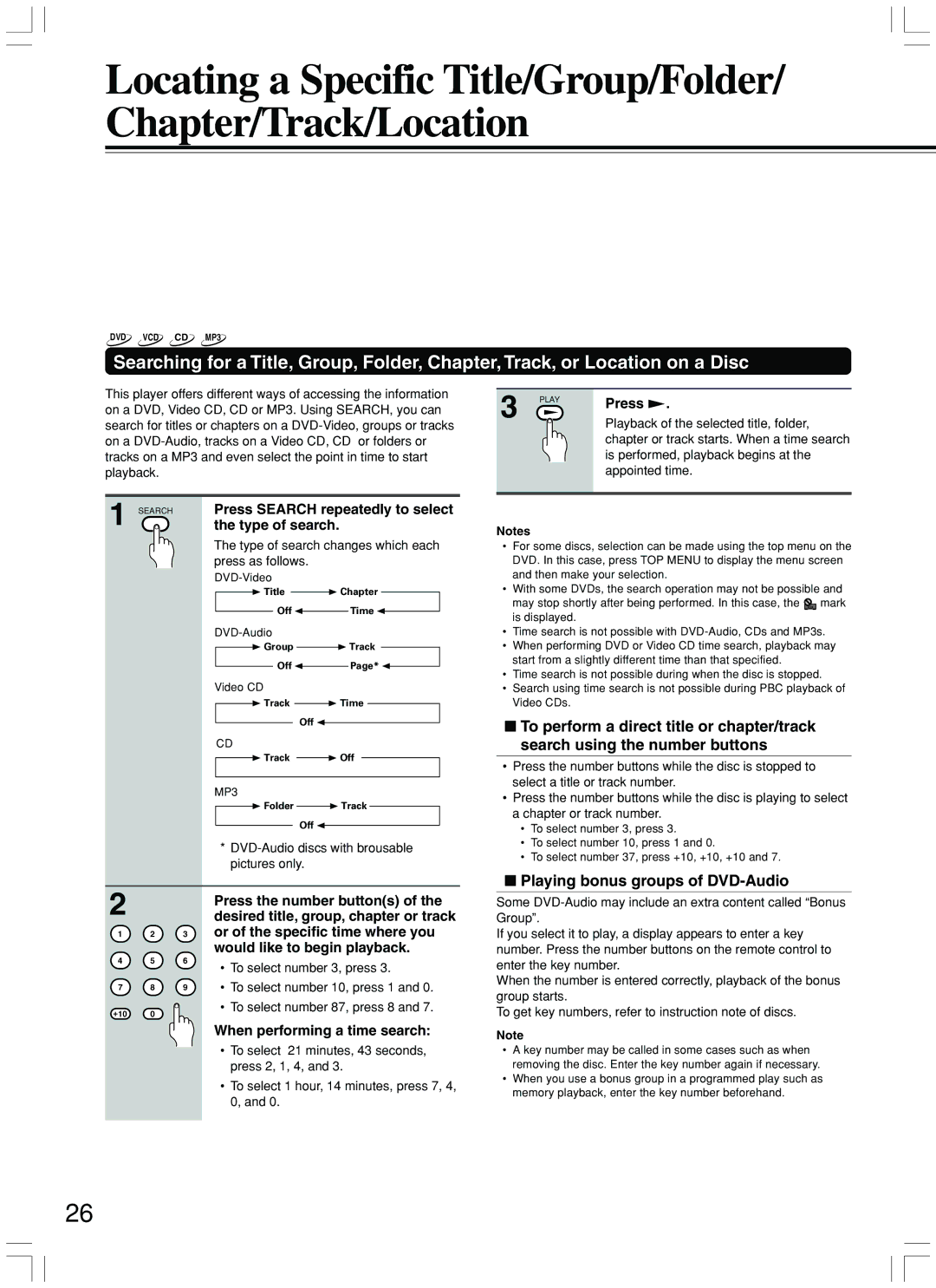 Integra DPS-7.3 instruction manual Playing bonus groups of DVD-Audio, Press Search repeatedly to select, Type of search 