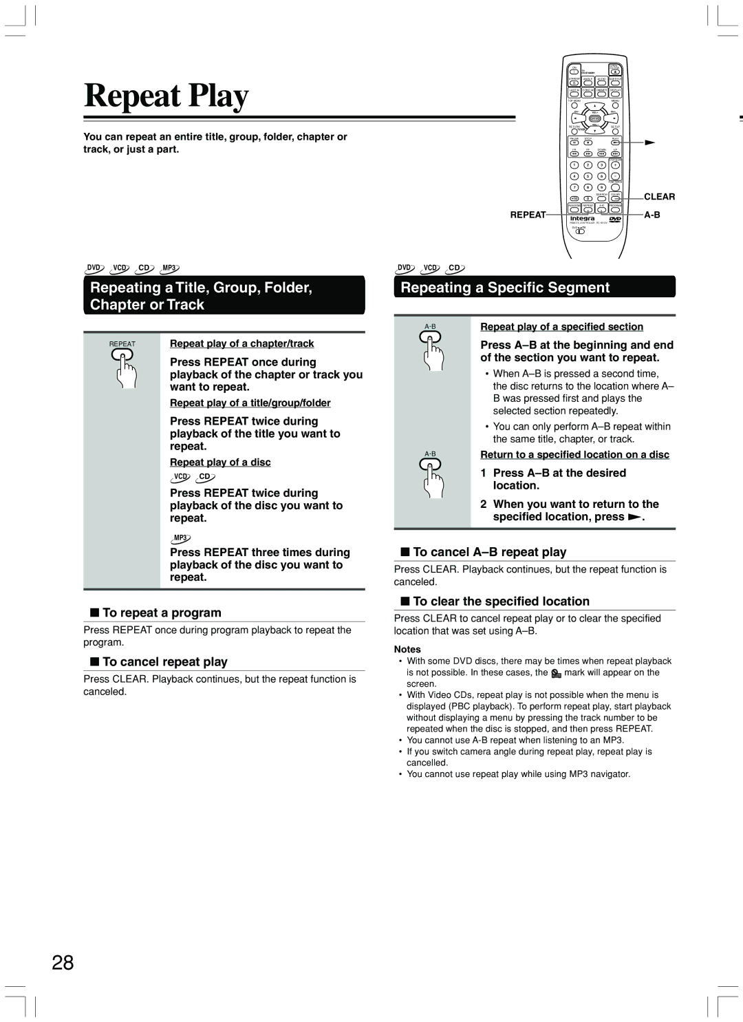 Integra DPS-7.3 Repeat Play, Repeating a Title, Group, Folder, Chapter or Track, Repeating a Specific Segment 