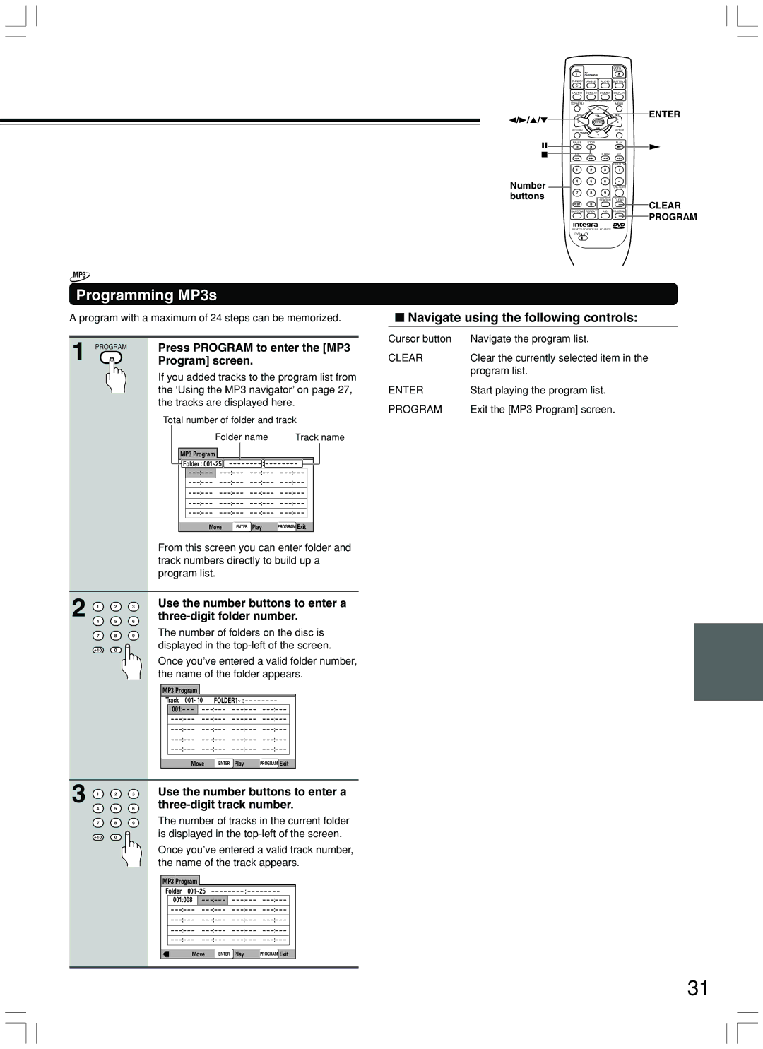 Integra DPS-7.3 instruction manual Programming MP3s, Press Program to enter the MP3, Program screen 