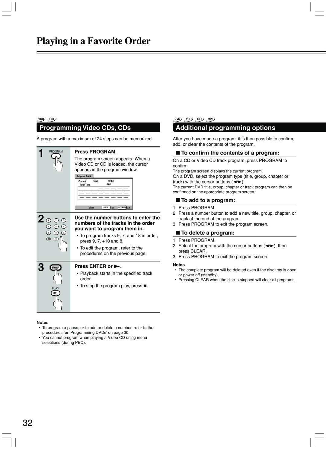 Integra DPS-7.3 Programming Video CDs, CDs, Additional programming options, To confirm the contents of a program 