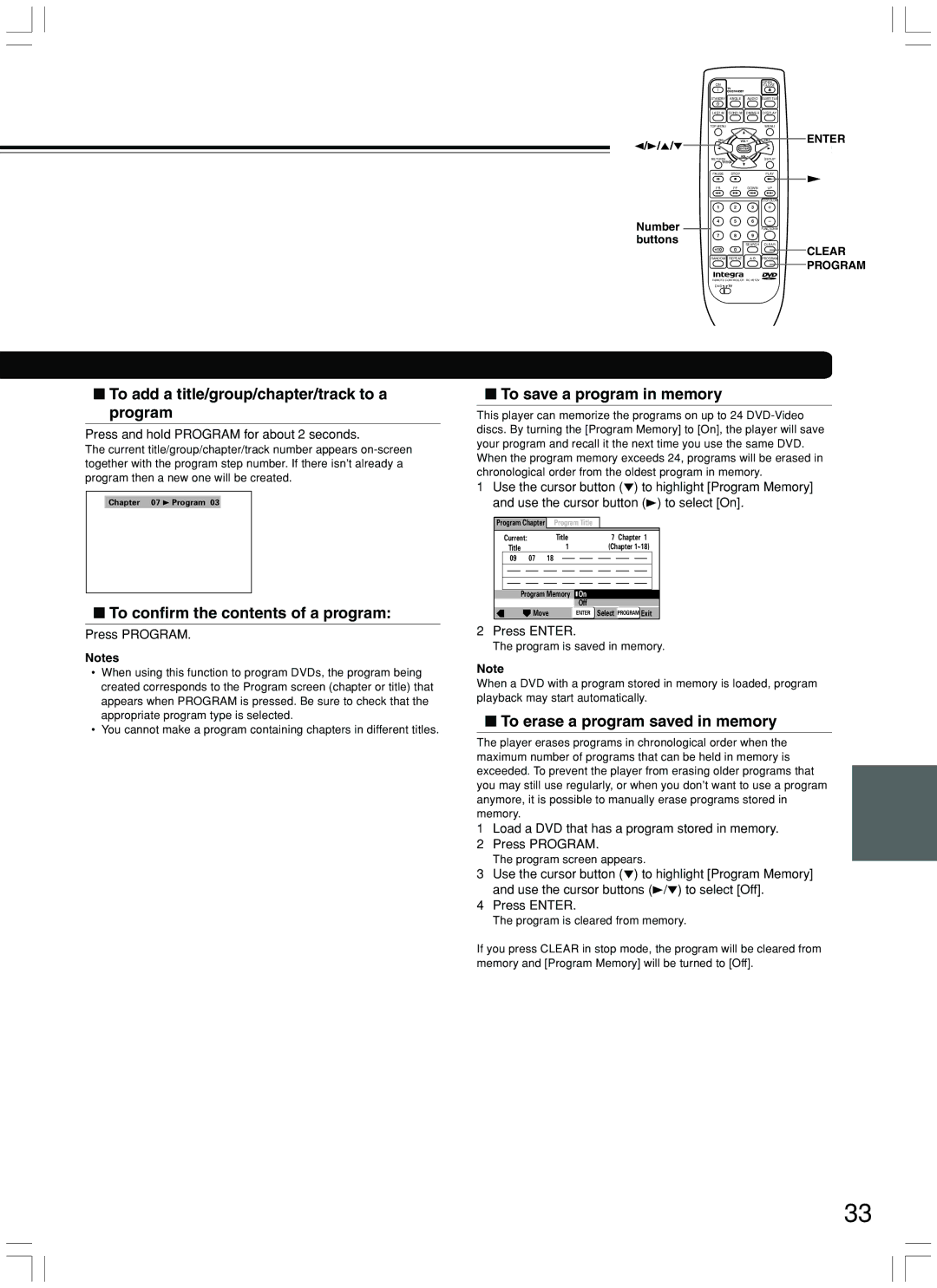 Integra DPS-7.3 instruction manual To add a title/group/chapter/track to a program, To save a program in memory 