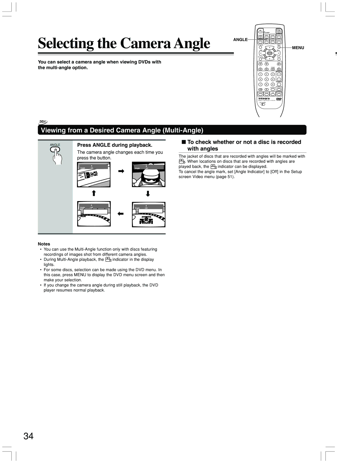 Integra DPS-7.3 Selecting the Camera Angle, Viewing from a Desired Camera Angle Multi-Angle, Press Angle during playback 