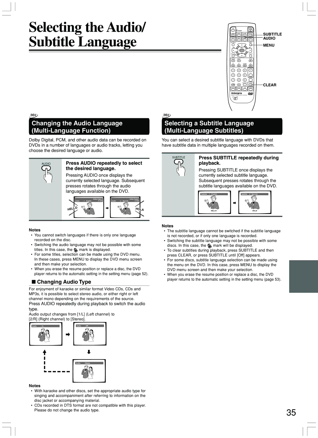 Integra DPS-7.3 instruction manual Changing the Audio Language Multi-Language Function, Changing Audio Type 