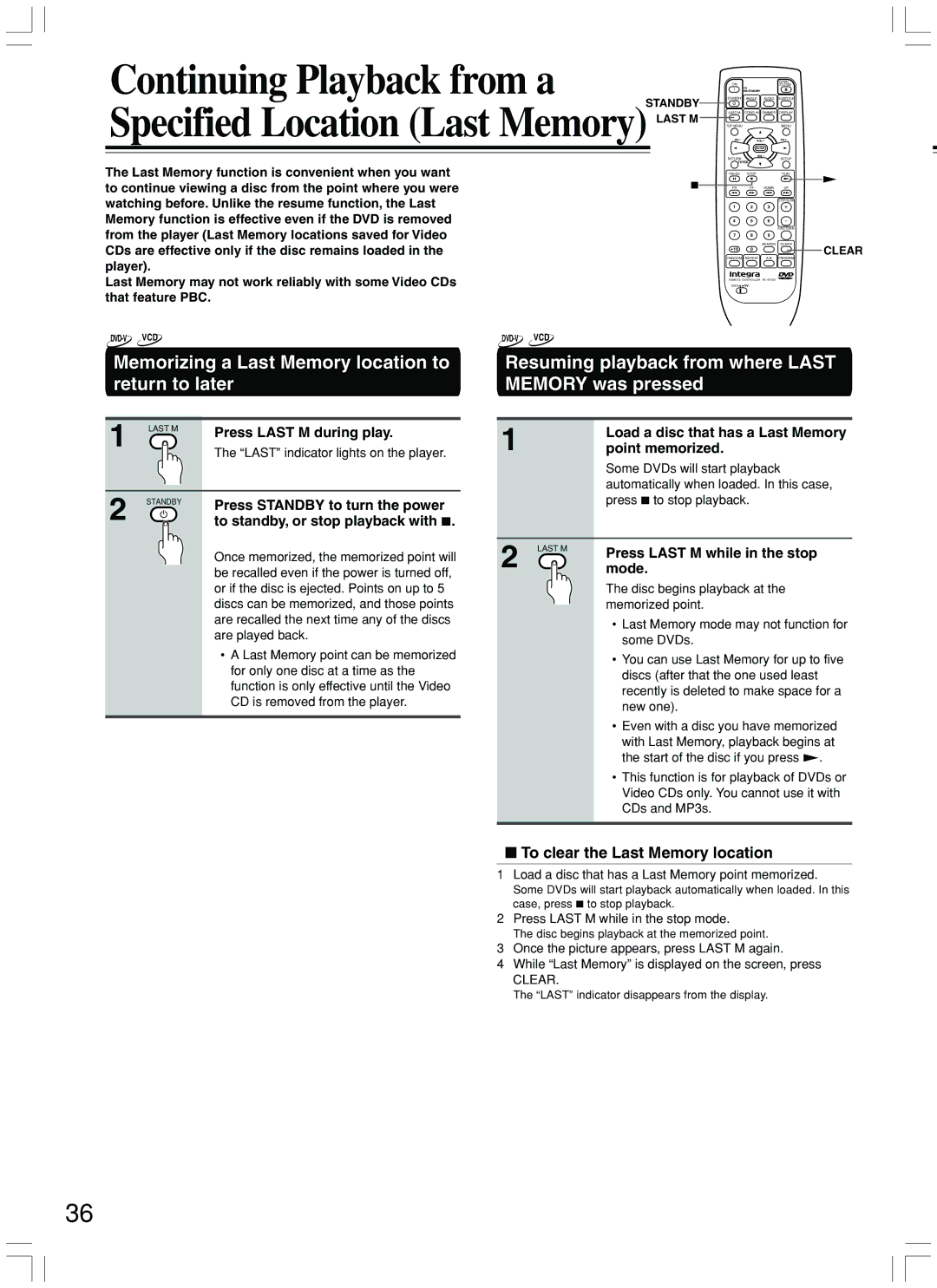 Integra DPS-7.3 Continuing Playback from a, Specified Location Last Memory, To clear the Last Memory location 