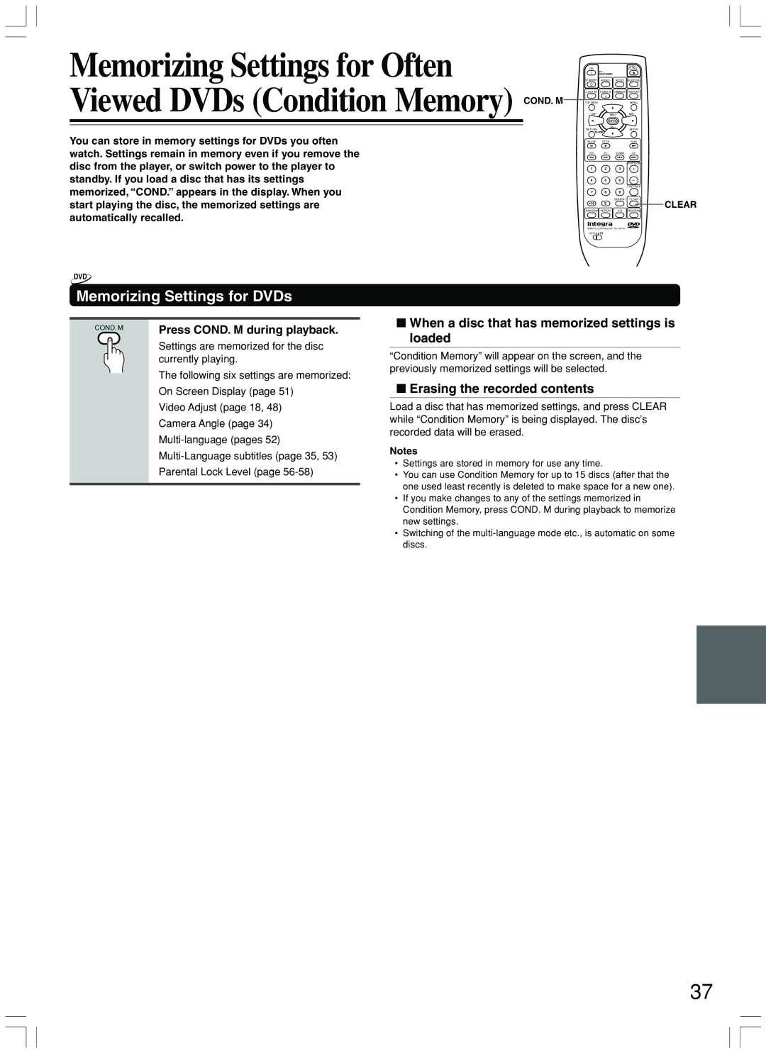 Integra DPS-7.3 Memorizing Settings for Often, Viewed DVDs Condition Memory, Memorizing Settings for DVDs 