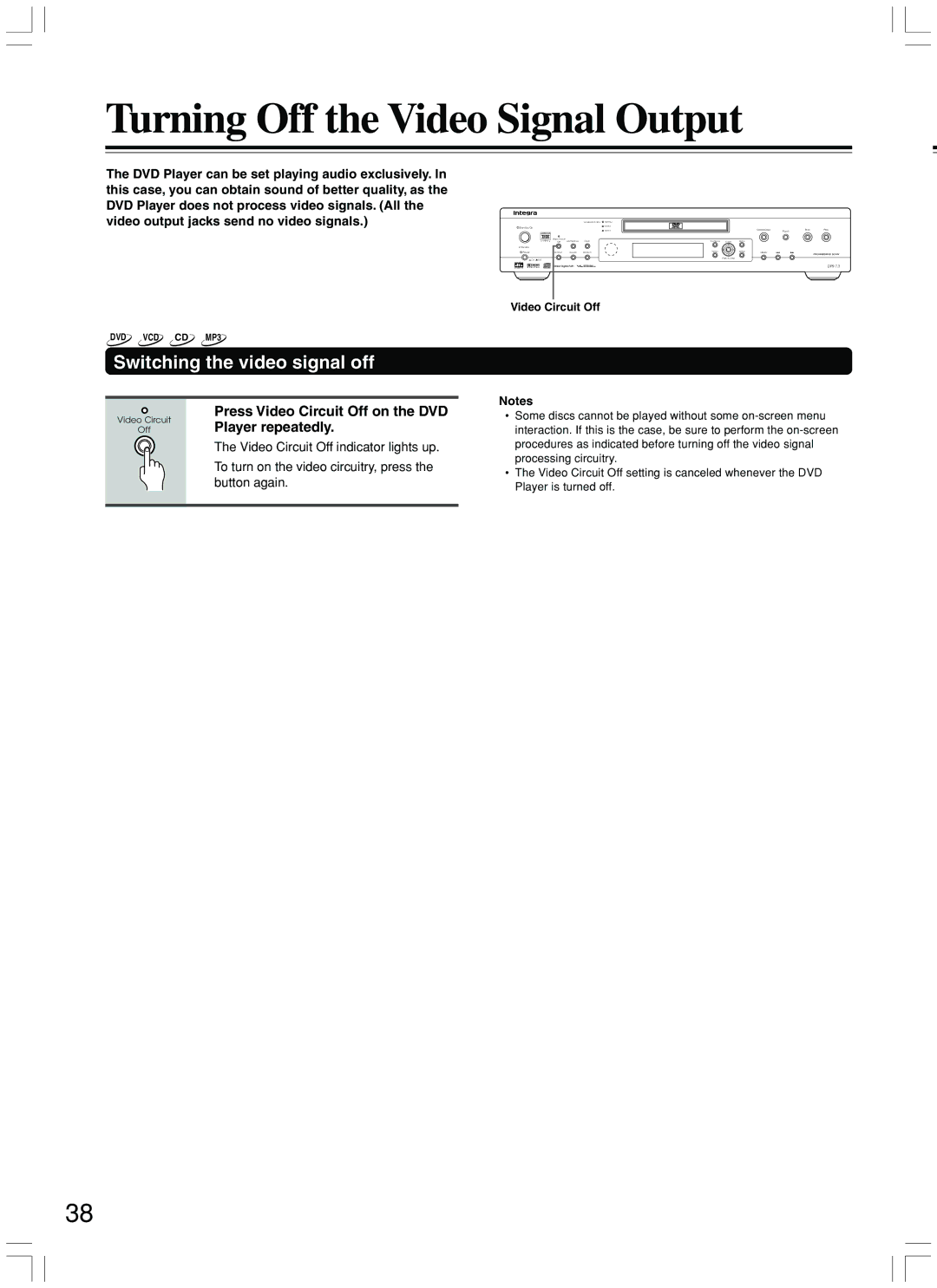 Integra DPS-7.3 Turning Off the Video Signal Output, Switching the video signal off, Press Video Circuit Off on the DVD 