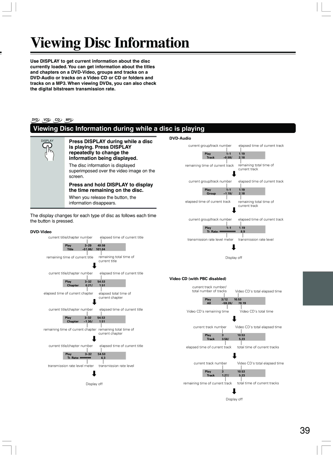 Integra DPS-7.3 instruction manual Viewing Disc Information during while a disc is playing 