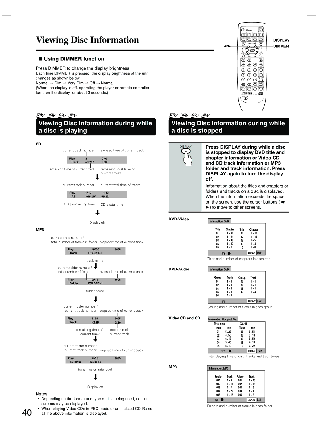 Integra DPS-7.3 instruction manual Viewing Disc Information during while a disc is stopped, Using Dimmer function 