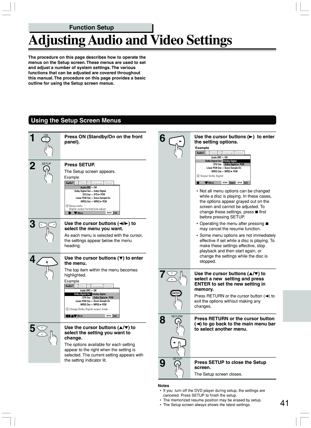 Integra DPS-7.3 instruction manual Adjusting Audio and Video Settings, Using the Setup Screen Menus 