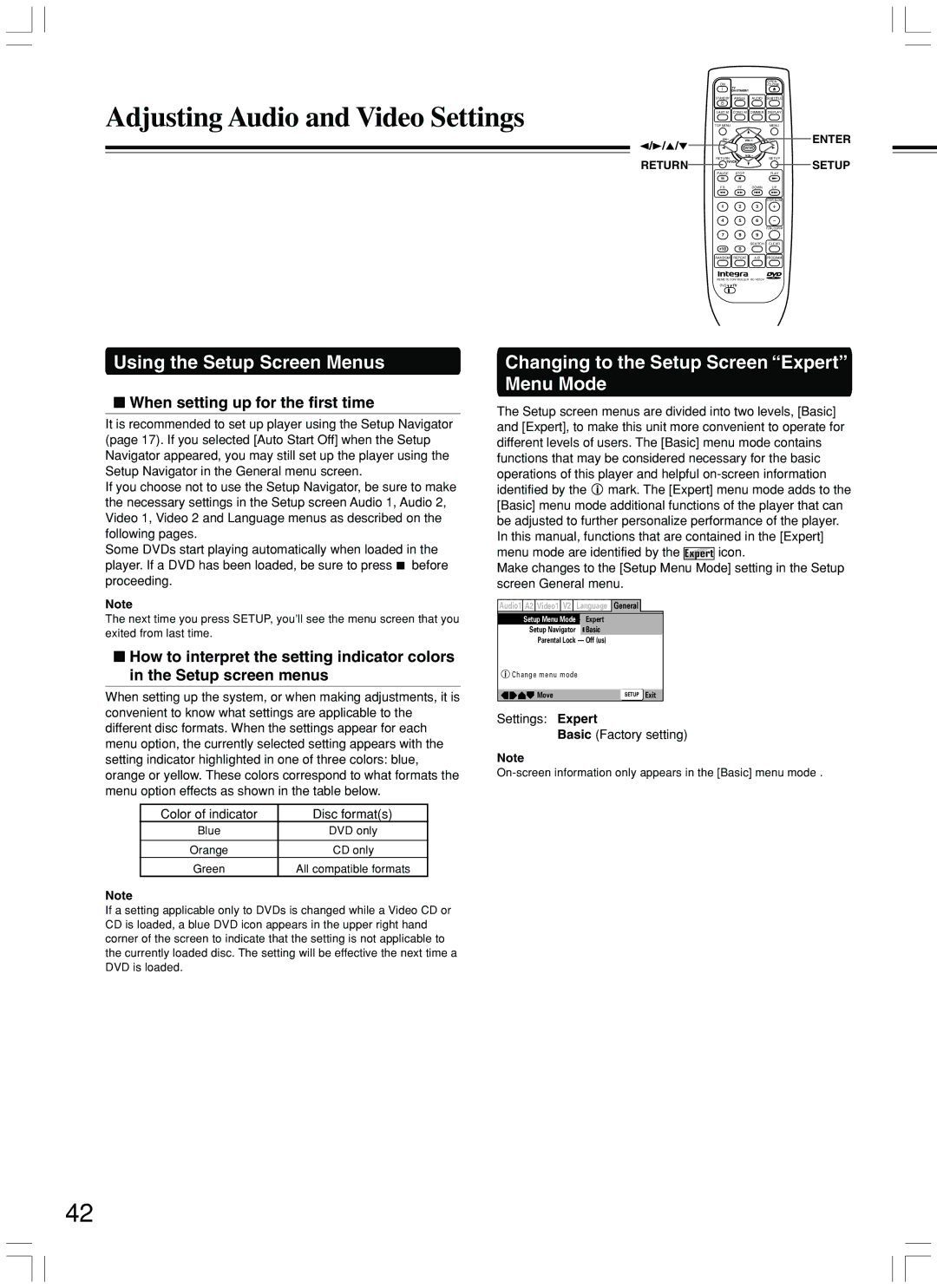 Integra DPS-7.3 Changing to the Setup Screen Expert Menu Mode, Settings Expert Basic Factory setting, Return Setup 