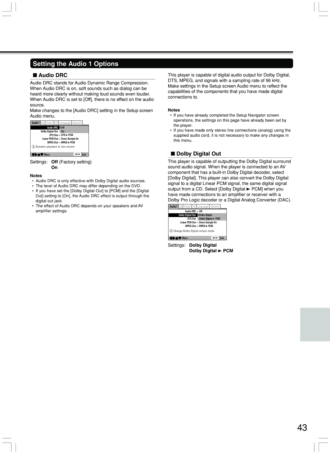 Integra DPS-7.3 instruction manual Setting the Audio 1 Options, Audio DRC, Dolby Digital Out, Settings Off Factory setting 