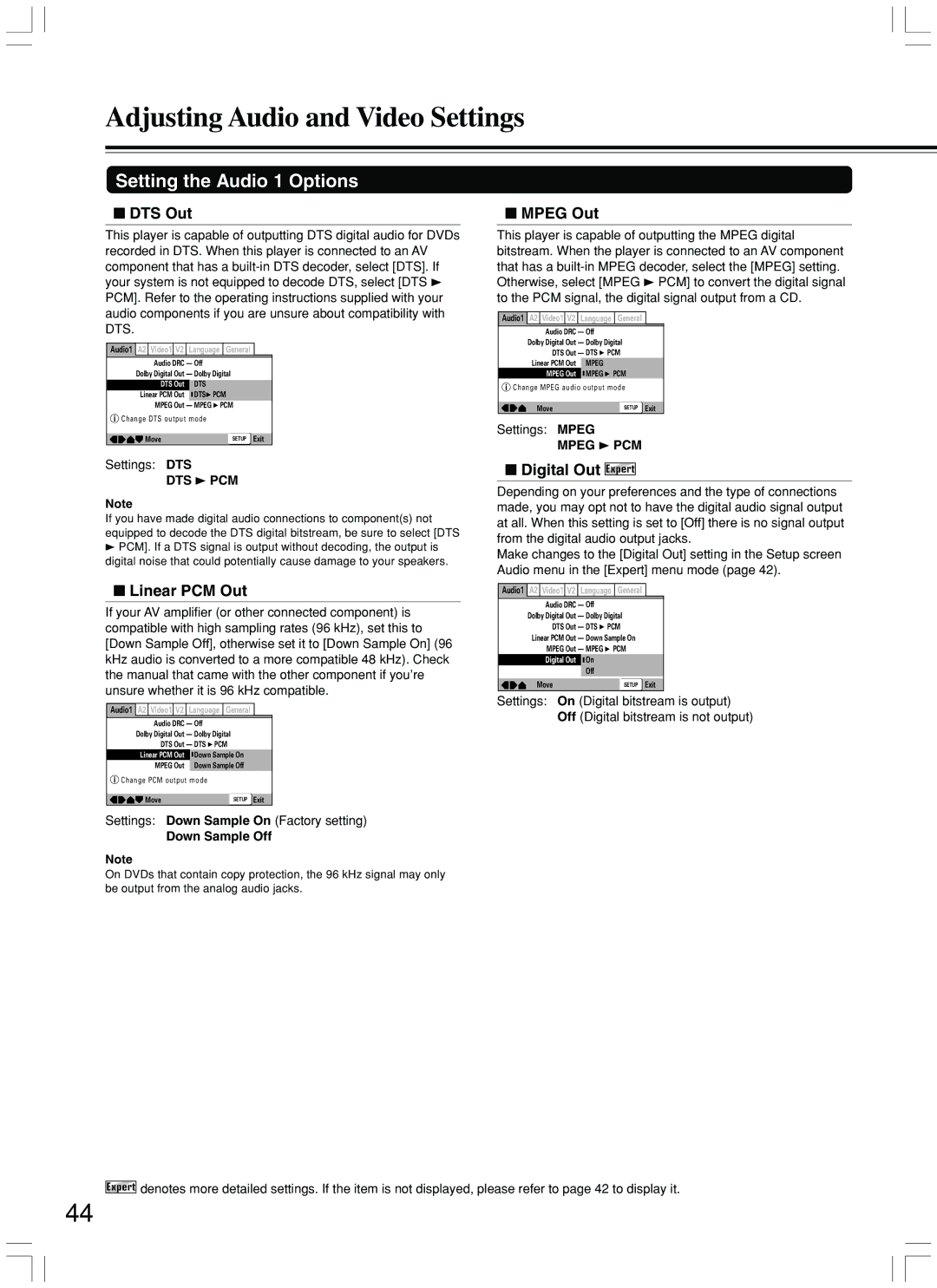 Integra DPS-7.3 instruction manual DTS Out, Linear PCM Out, Mpeg Out, Digital Out Expert 