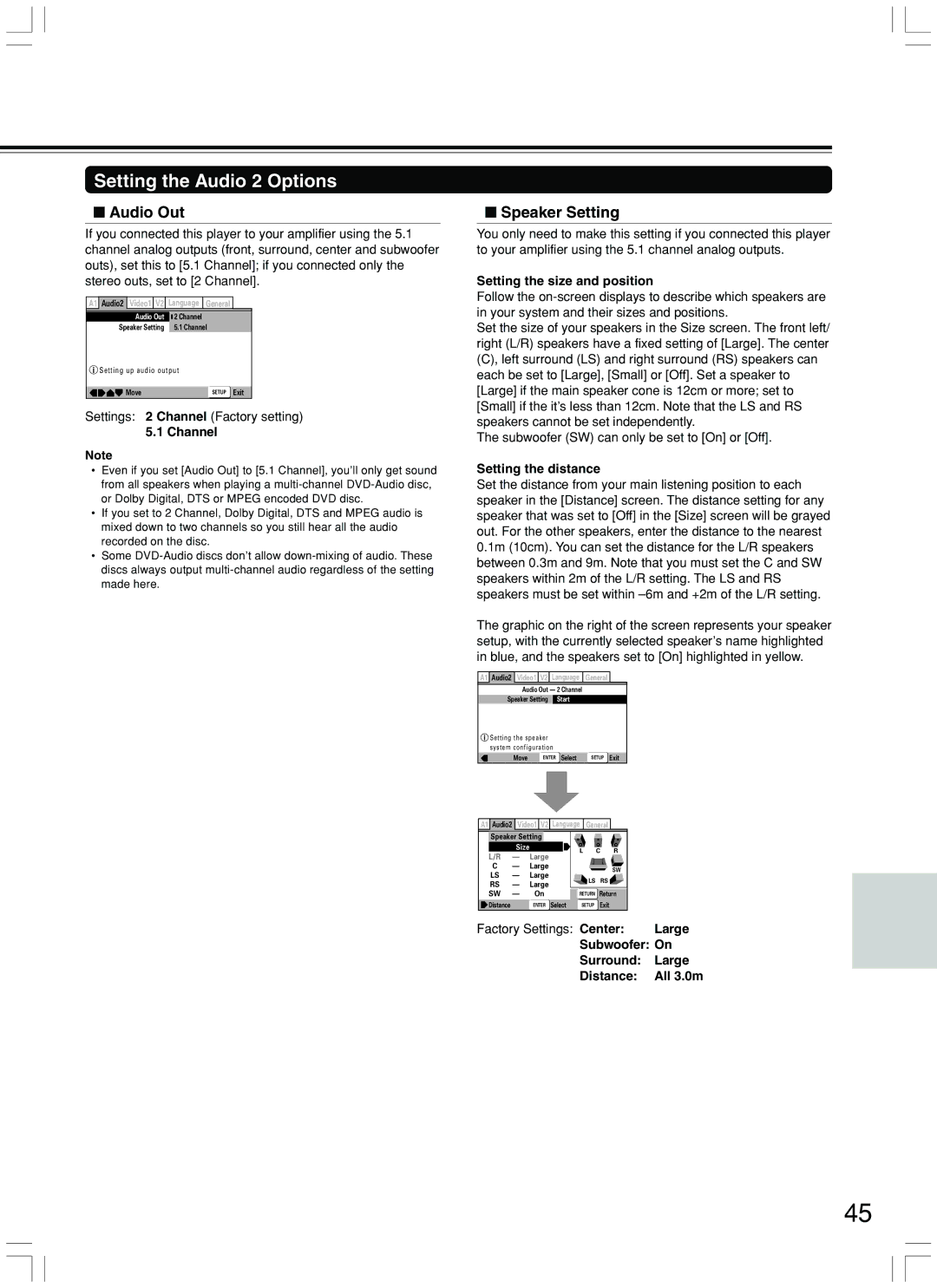 Integra DPS-7.3 instruction manual Setting the Audio 2 Options, Audio Out, Speaker Setting 