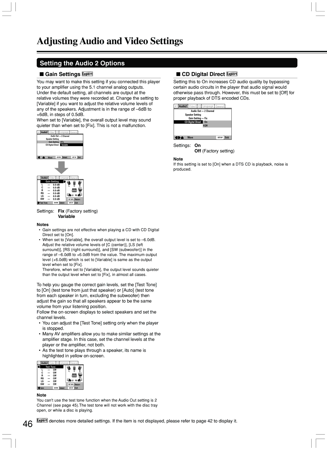 Integra DPS-7.3 instruction manual Gain Settings Expert, CD Digital Direct Expert, Fix Factory setting, Off Factory setting 