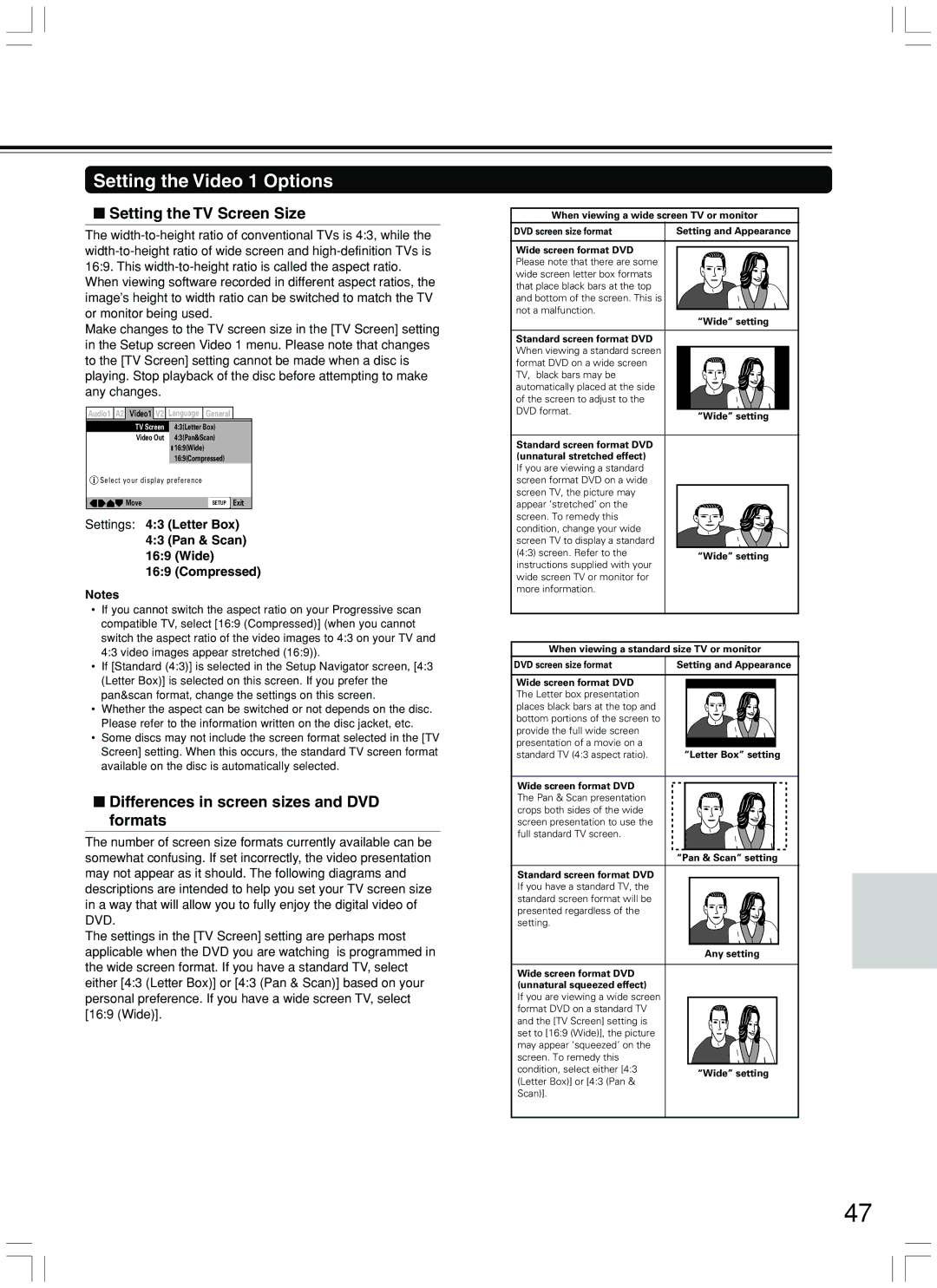 Integra DPS-7.3 instruction manual Setting the Video 1 Options, Differences in screen sizes and DVD formats 