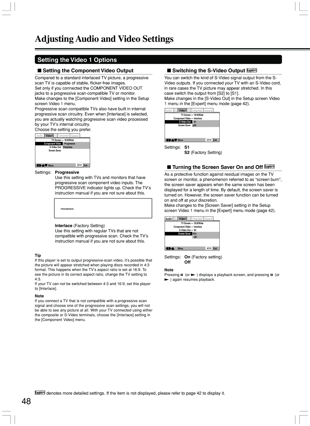 Integra DPS-7.3 instruction manual Setting the Component Video Output, Switching the S-Video Output Expert 