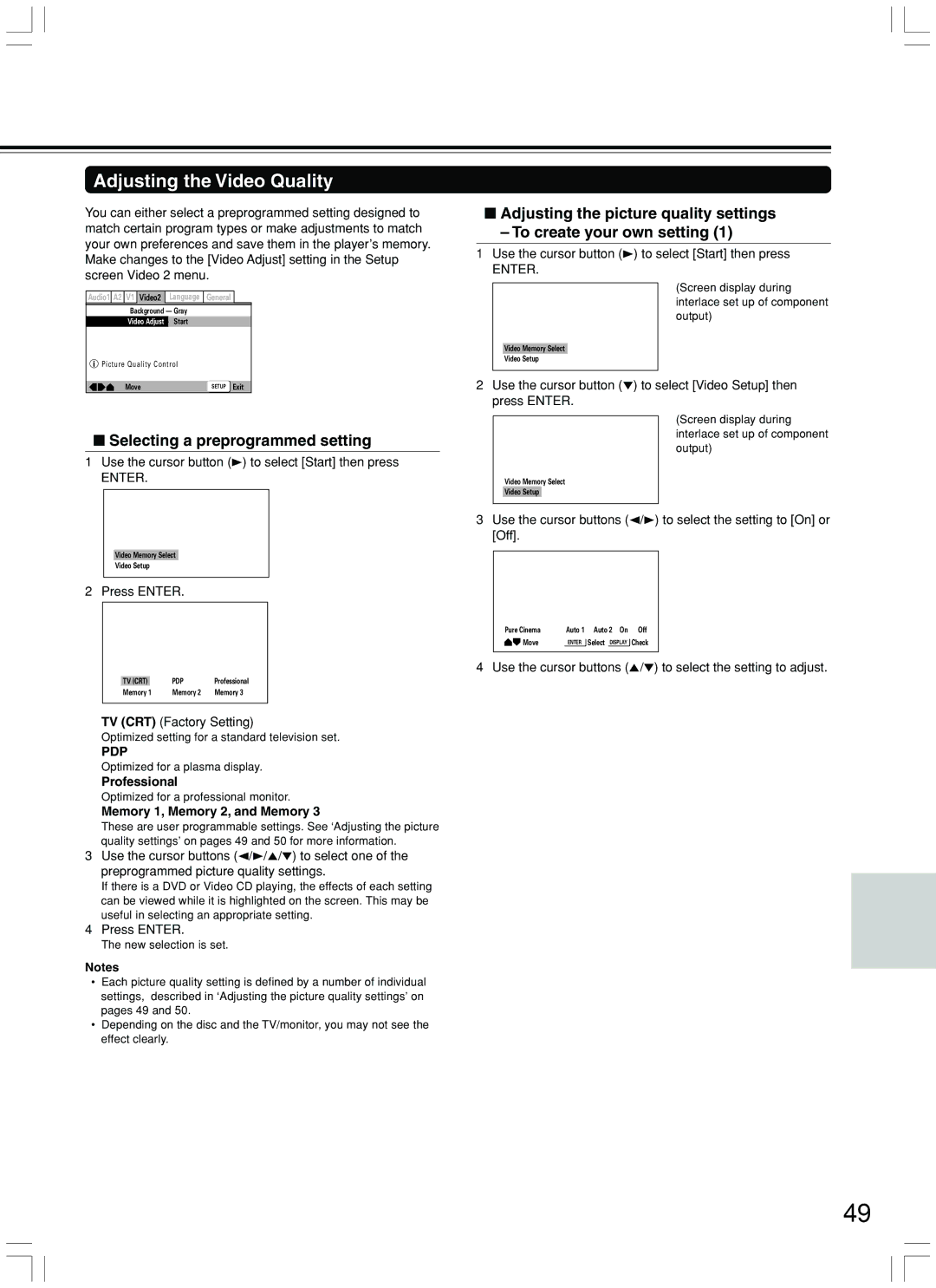 Integra DPS-7.3 instruction manual Adjusting the Video Quality, Selecting a preprogrammed setting, Professional 